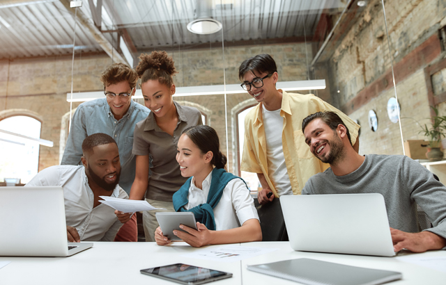A group of office workers talking